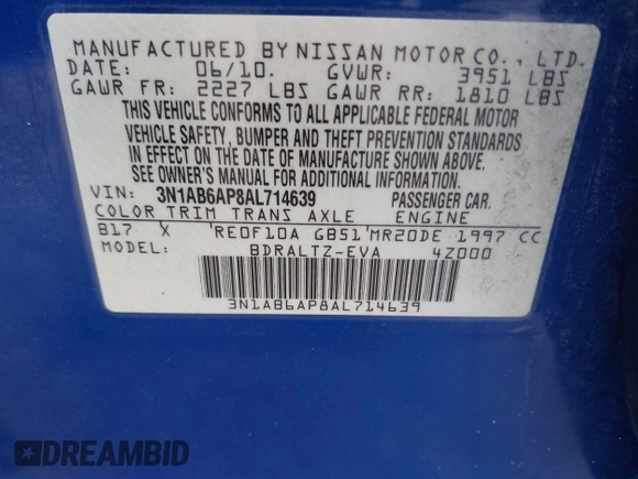 2010 Nissan Sentra SR with VIN 3N1AB6AP8AL714639, listed as a IAAI auction lot 41732954 with 212,869 mi miles and . Bid and sale history available at DreamBid. Image 9.