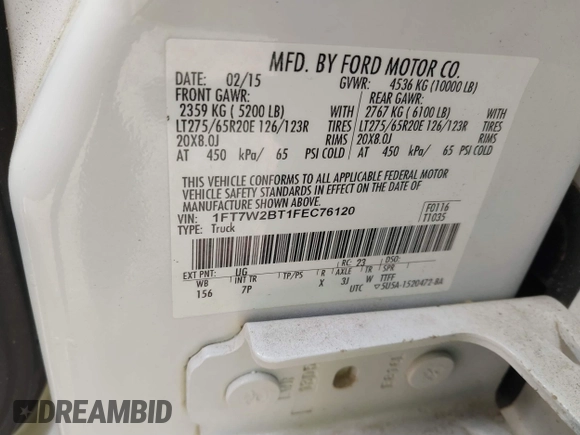 2015 Ford F-250 Lariat with VIN 1FT7W2BT1FEC76120, listed as a IAAI auction lot 41825267 with Not provided miles and . Bid and sale history available at DreamBid. Image 9.
