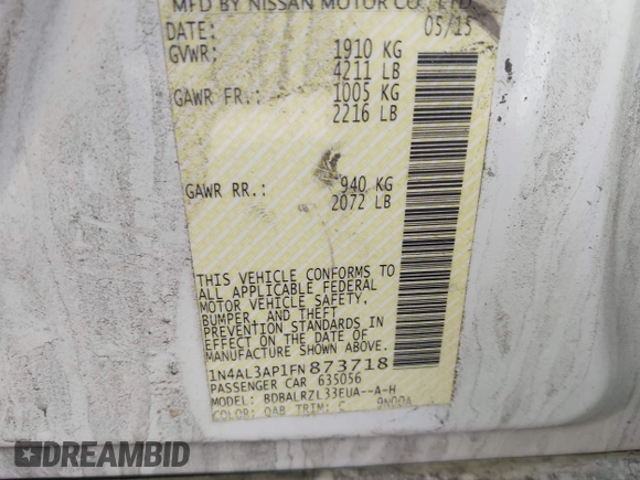 2015 Nissan Altima S with VIN 1N4AL3AP1FN873718, listed as a IAAI auction lot 41958635 with 126,724 mi miles and . Bid and sale history available at DreamBid. Image 9.