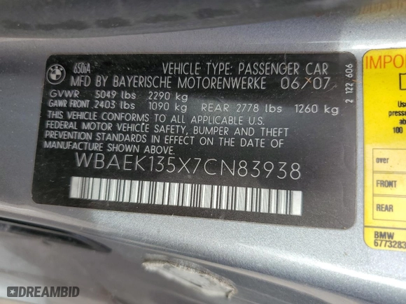 2007 BMW 6 Series 650i with VIN WBAEK135X7CN83938, listed as a Copart auction lot 74963784 with 0 mi miles and Non Repairable. Bid and sale history available at carsss.com. Image 13.