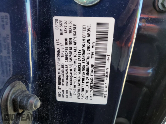 2020 Honda CR-V EX-L with VIN 7FART6H82LE004699, listed as a Copart auction lot 44432635 with Not provided miles and Salvage title. Bid and sale history available at DreamBid. Image 13.