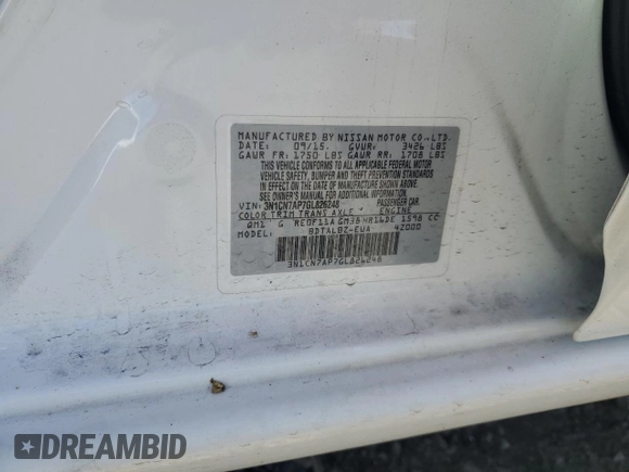 2016 Nissan Versa S Plus with VIN 3N1CN7AP7GL826248, listed as a Copart auction lot 48884715 with 95,156 mi miles and Salvage Title. Bid and sale history available at DreamBid. Image 12.