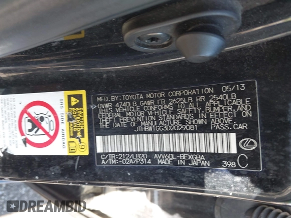 2013 Lexus ES 300h with VIN JTHBW1GG3D2029081, listed as a IAAI auction lot 42278289 with 226,119 mi miles and . Bid and sale history available at DreamBid. Image 9.