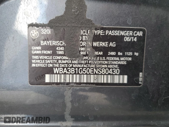 2014 BMW 3 Series 320i with VIN WBA3B1G50ENS80430, listed as a Copart auction lot 49047275 with 107,664 mi miles and Salvage Title. Bid and sale history available at carsss.com. Image 14.