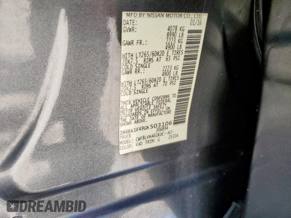 2016 Nissan Titan Platinum Reserve with VIN 1N6BA1F49GN503106, listed as a Copart auction lot 62740215 with 155,659 mi miles and Clean title. Bid and sale history available at DreamBid. Image 12.