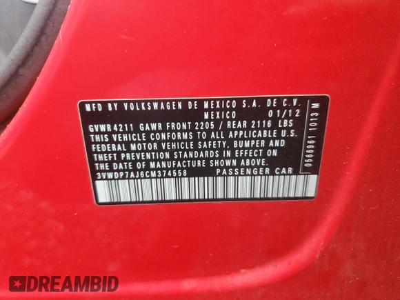 2012 Volkswagen Jetta SE с VIN 3VWDP7AJ6CM374558, выставлен на аукционе Copart как лот 57090335 с пробегом 110 196 миль миль и Чистый • Clean title. История ставок и продаж доступна на DreamBid. Изображение 12.