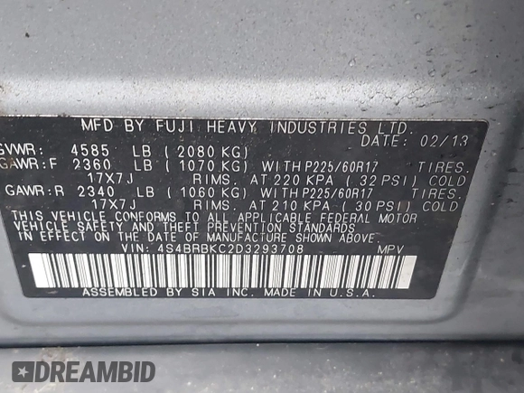 2013 Subaru Outback Limited with VIN 4S4BRBKC2D3293708, listed as a IAAI auction lot 42648291 with 197,621 mi miles and . Bid and sale history available at DreamBid. Image 9.