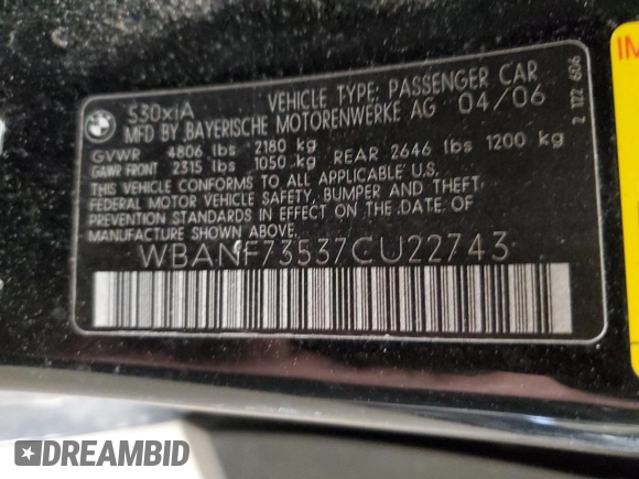 2007 BMW 5 Series 530xi with VIN WBANF73537CU22743, listed as a Copart auction lot 51492785 with 169,366 mi miles and Non Repairable. Bid and sale history available at carsss.com. Image 13.
