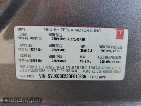 2016 Tesla Model X 70D z VIN 5YJXCBE23GF010836, wystawiony jako Copart lot #57512055 z przebiegiem 115 475 mil mil oraz Szkody całkowita. Historia ofert i sprzedaży dostępna na DreamBid. Obrazek 13.