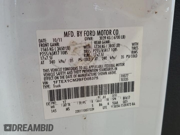 2011 Ford F-150 XL с VIN 1FTEX1CM2BFD05375, выставлен на аукционе Copart как лот 57682675 с пробегом 220 217 миль миль и Чистый • Clean title. История ставок и продаж доступна на DreamBid. Изображение 12.