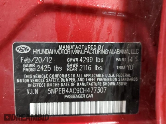 2012 Hyundai Sonata GLS with VIN 5NPEB4AC9CH477307, listed as a Copart auction lot 52015435 with 101,023 mi miles and Salvage Title. Bid and sale history available at DreamBid. Image 12.