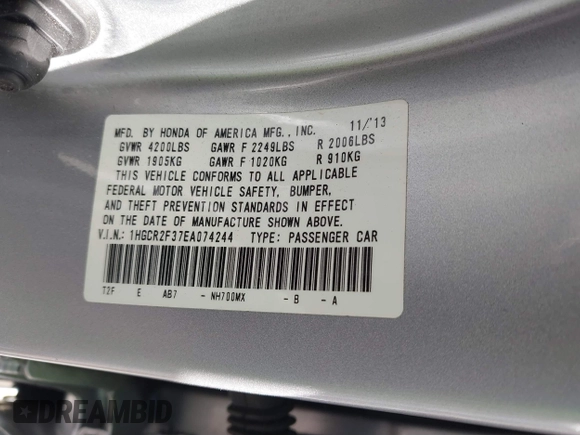 2014 Honda Accord LX with VIN 1HGCR2F37EA074244, listed as a IAAI auction lot 41749915 with 83,916 mi miles and . Bid and sale history available at carsss.com. Image 9.