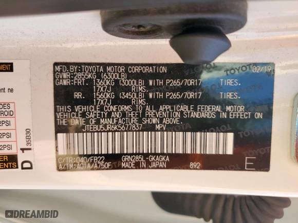 2019 Toyota 4Runner SR5 with VIN JTEBU5JR6K5677837, listed as a Copart auction lot 46954615 with 87,343 mi miles and Salvage Title. Bid and sale history available at carsss.com. Image 13.
