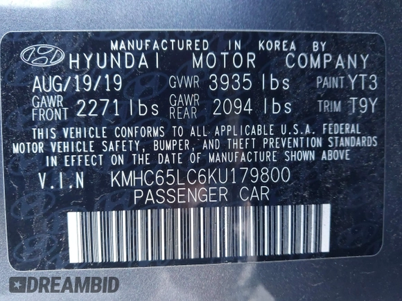 2019 Hyundai Ioniq Blue with VIN KMHC65LC6KU179800, listed as a IAAI auction lot 42196370 with 160,154 mi miles and . Bid and sale history available at DreamBid. Image 9.