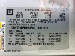 2013 Chevrolet Traverse LT with VIN 1GNKVGKD6DJ194656, listed as a Copart auction lot 48507285 with 122,133 mi miles and Salvage Title. Bid and sale history available at DreamBid. Image 13.