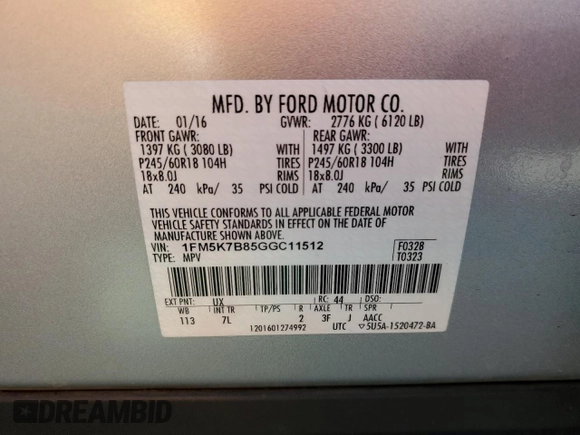 2016 Ford Explorer с VIN 1FM5K7B85GGC11512, выставлен на аукционе Copart как лот 58197735 с пробегом 97 879 миль миль и Чистый • Clean title. История ставок и продаж доступна на DreamBid. Изображение 13.