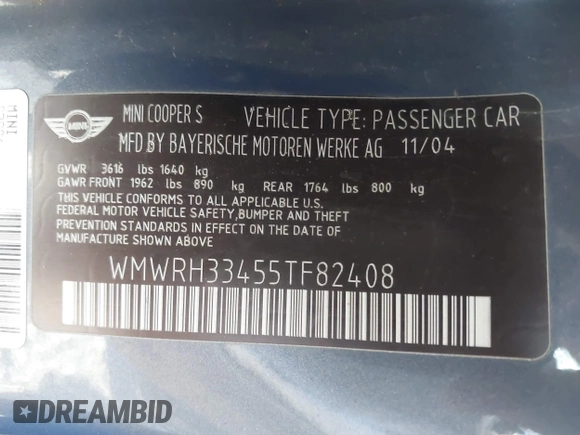 2005 MINI Convertible S with VIN WMWRH33455TF82408, listed as a IAAI auction lot 41857791 with 133,824 mi miles and . Bid and sale history available at DreamBid. Image 9.