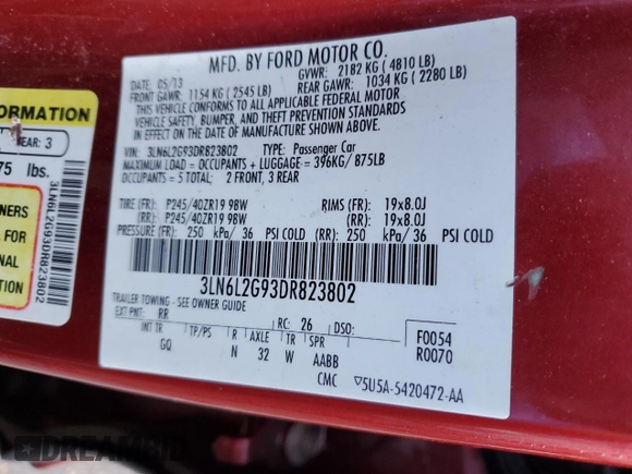 2013 Lincoln MKZ z VIN 3LN6L2G93DR823802, wystawiony jako Copart lot #56592525 z przebiegiem 176 574 mil mil oraz Szkoda całkowita • Salvage title. Historia ofert i sprzedaży dostępna na DreamBid. Obrazek 12.