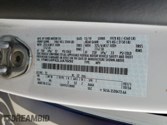 2020 Ford Escape S with VIN 1FMCU0F62LUA76292, listed as a Copart auction lot 43307115 with 70,029 mi miles and Salvage Title. Bid and sale history available at carsss.com. Image 14.