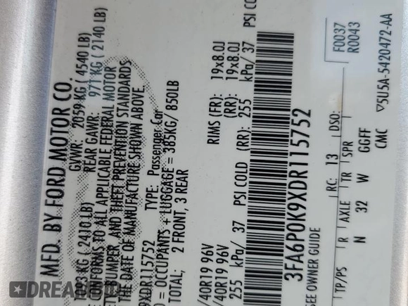 2013 Ford Fusion Titanium with VIN 3FA6P0K9XDR115752, listed as a Copart auction lot 53790415 with 132,902 mi miles and Salvage title. Bid and sale history available at DreamBid. Image 12.