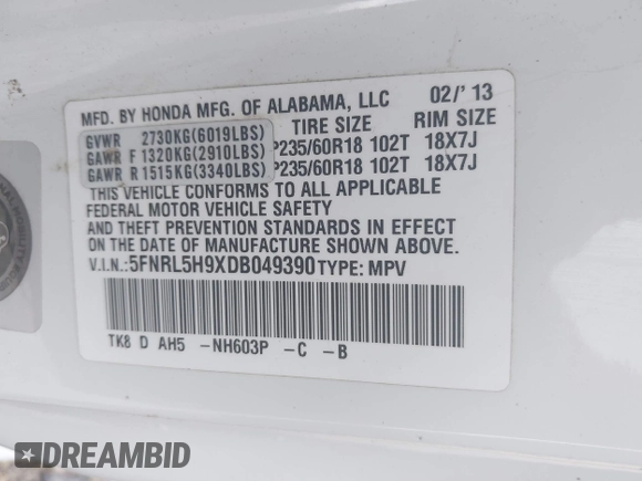 2013 Honda Odyssey Touring with VIN 5FNRL5H9XDB049390, listed as a IAAI auction lot 42532861 with 129,376 mi miles and . Bid and sale history available at DreamBid. Image 9.