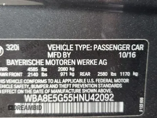 2017 BMW 3 Series 320i xDrive with VIN WBA8E5G55HNU42092, listed as a Copart auction lot 59711095 with 77,997 mi miles and Salvage title. Bid and sale history available at DreamBid. Image 12.