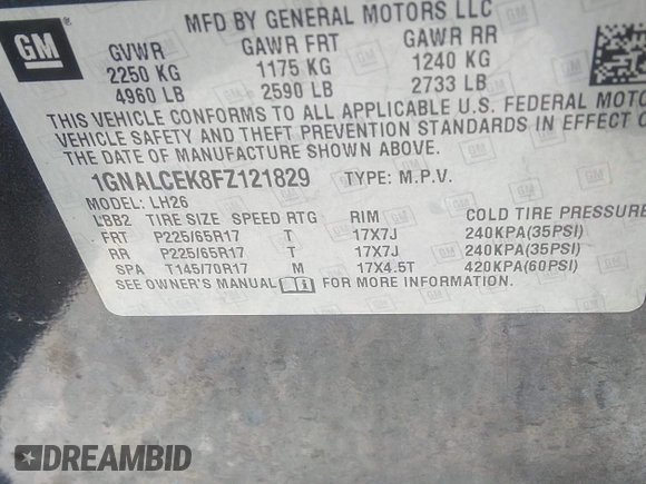 2015 Chevrolet Equinox LT with VIN 1GNALCEK8FZ121829, listed as a IAAI auction lot 41909361 with 143,625 mi miles. Bid and sale history available at carsss.com. Image 9.