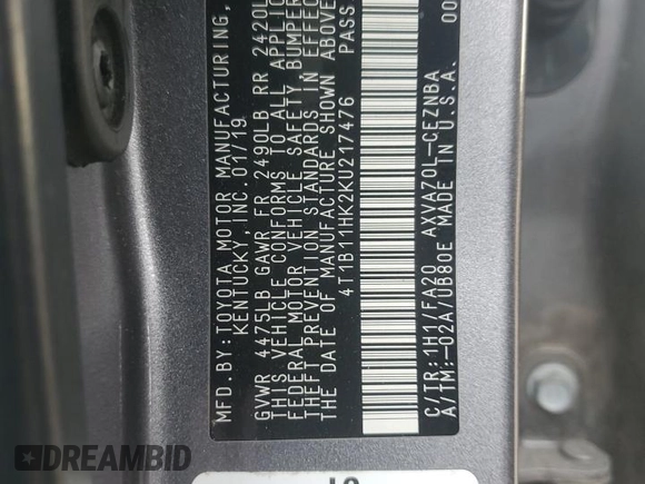 2019 Toyota Camry LE with VIN 4T1B11HK2KU217476, listed as a Copart auction lot 52567925 with 84,416 mi miles and Salvage Title. Bid and sale history available at carsss.com. Image 12.