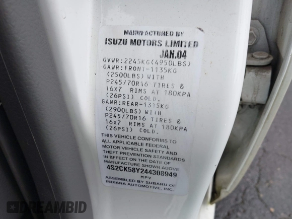 2004 Isuzu Rodeo S с VIN 4S2CK58Y244308949, выставлен на аукционе IAAI как лот 41696812 с пробегом 132 894 миль миль и . История ставок и продаж доступна на DreamBid. Изображение 9.