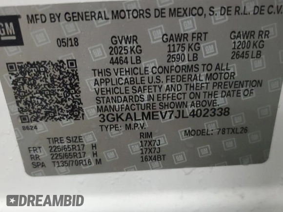 2018 GMC Terrain SLE with VIN 3GKALMEV7JL402338, listed as a Copart auction lot 77337854 with 144,904 mi miles and Salvage Title. Bid and sale history available at carsss.com. Image 14.
