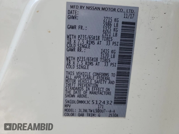 2018 Infiniti QX60 with VIN 5N1DL0MMXJC512432, listed as a Copart auction lot 52238655 with 84,821 mi miles and Salvage Title. Bid and sale history available at DreamBid. Image 13.