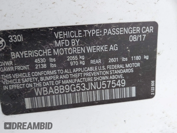 2018 BMW 3 Series 330i with VIN WBA8B9G53JNU57549, listed as a IAAI auction lot 41521049 with 63,557 mi miles and . Bid and sale history available at DreamBid. Image 9.