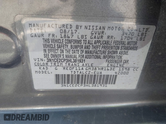 2017 Nissan Note SV with VIN 3N1CE2CP3HL381931, listed as a IAAI auction lot 41871681 with 37,290 mi miles and . Bid and sale history available at DreamBid. Image 9.