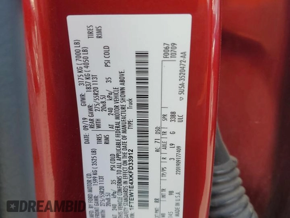 2019 Ford F-150 XL z VIN 1FTEW1E4XKFD33912, wystawiony jako Copart lot #60840845 z przebiegiem 72 012 mil mil oraz Szkoda całkowita • Salvage title. Historia ofert i sprzedaży dostępna na DreamBid. Obrazek 12.