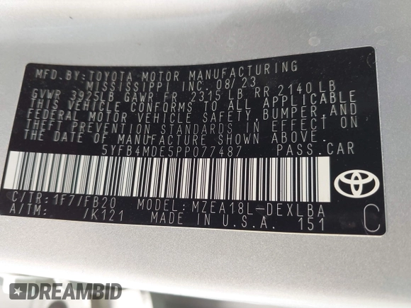 2023 Toyota Corolla LE z VIN 5YFB4MDE5PP077487, wystawiony jako IAAI lot #41787681 z przebiegiem 19 831 mil mil oraz . Historia ofert i sprzedaży dostępna na DreamBid. Obrazek 9.