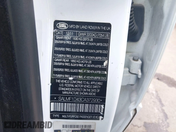 2012 Land Rover Range Rover HSE Lux with VIN SALMF1D43CA372930, listed as a IAAI auction lot 42601061 with 175,584 mi miles and . Bid and sale history available at DreamBid. Image 9.