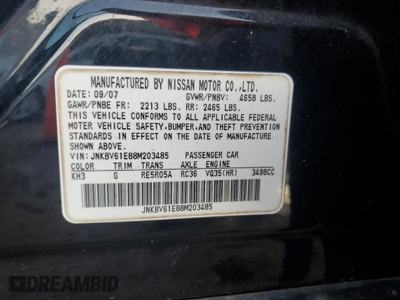 2008 Infiniti G35 Journey с VIN JNKBV61E88M203485, выставлен на аукционе Copart как лот 63733125 с пробегом 159 285 миль миль и Списание • Salvage title. История ставок и продаж доступна на DreamBid. Изображение 12.