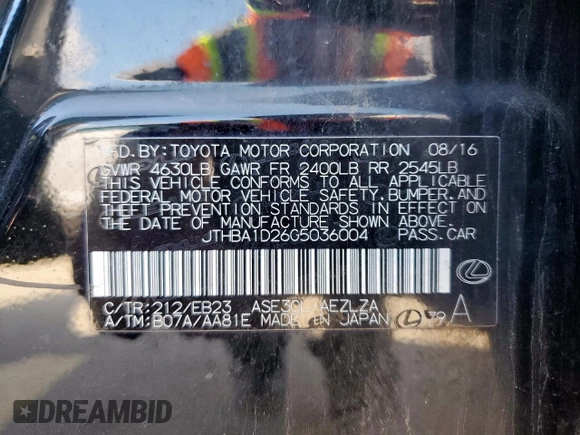 2016 Lexus IS 200t with VIN JTHBA1D26G5036004, listed as a Copart auction lot 62083205 with 33,779 mi miles and Salvage title. Bid and sale history available at DreamBid. Image 13.