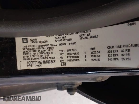 2004 Chevrolet Colorado 1SB LS Z85 with VIN 1GCDT136748180843, listed as a IAAI auction lot 41852070 with 113,110 mi miles. Bid and sale history available at carsss.com. Image 9.