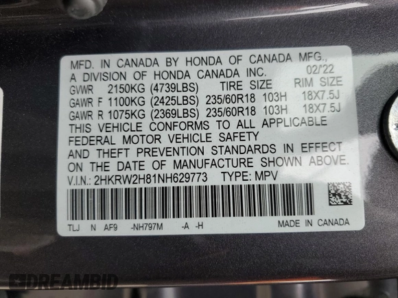 2022 Honda CR-V EX-L with VIN 2HKRW2H81NH629773, listed as a Copart auction lot 51294815 with 38,520 mi miles and Salvage Title. Bid and sale history available at carsss.com. Image 13.