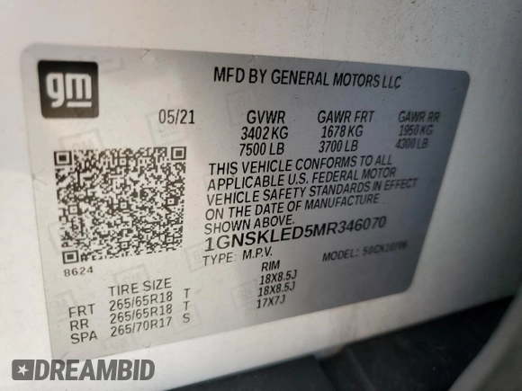 2021 Chevrolet Tahoe Commercial with VIN 1GNSKLED5MR346070, listed as a Copart auction lot 61822265 with 56,775 mi miles and Salvage title. Bid and sale history available at DreamBid. Image 13.