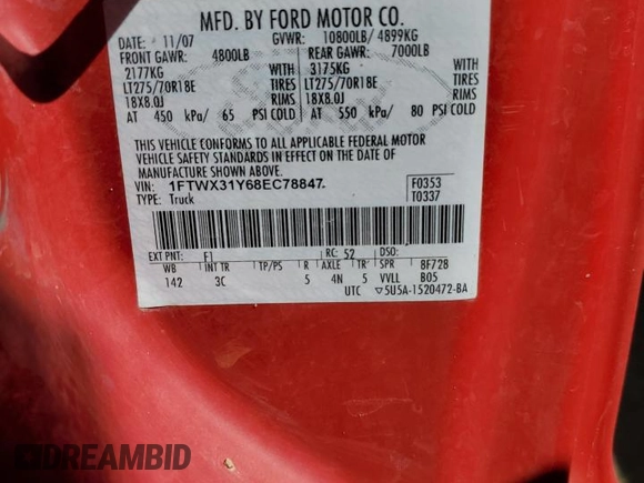 2008 Ford F-350 with VIN 1FTWX31Y68EC78847, listed as a Copart auction lot 73517164 with 200,153 mi miles and Salvage title. Bid and sale history available at DreamBid. Image 12.
