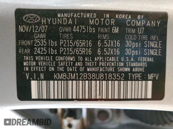 2008 Hyundai Tucson GLS with VIN KM8JM12B38U818352, listed as a Copart auction lot 71503394 with 186,965 mi miles and Salvage Title. Bid and sale history available at carsss.com. Image 14.