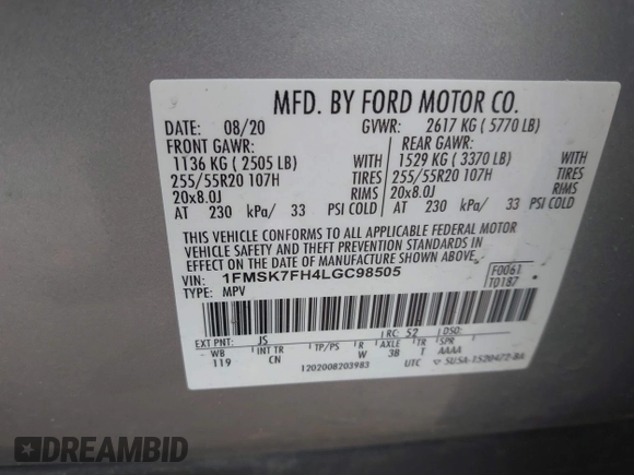 2020 Ford Explorer Limited с VIN 1FMSK7FH4LGC98505, выставлен на аукционе IAAI как лот 42368368 с пробегом 110 118 миль миль и . История ставок и продаж доступна на DreamBid. Изображение 9.