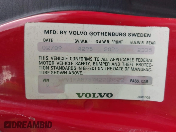 1989 Volvo 740 z VIN YV1FA8757K2215822, wystawiony jako IAAI lot #42117235 z przebiegiem 194 043 mil mil oraz . Historia ofert i sprzedaży dostępna na DreamBid. Obrazek 9.