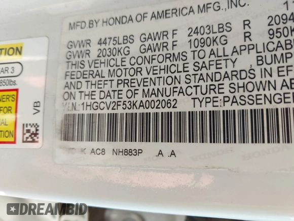 2019 Honda Accord EX-L with VIN 1HGCV2F53KA002062, listed as a IAAI auction lot 41455788 with 77,307 mi miles and . Bid and sale history available at DreamBid. Image 9.