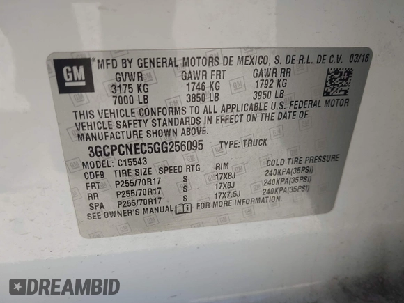 2016 Chevrolet Silverado 1500 Work Truck with VIN 3GCPCNEC5GG256095, listed as a IAAI auction lot 41404492 with 165,184 mi miles and . Bid and sale history available at DreamBid. Image 9.