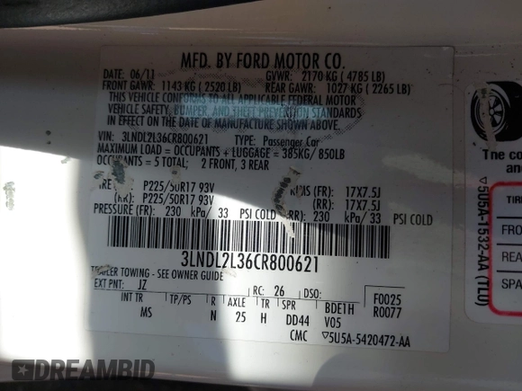 2012 Lincoln MKZ Hybrid with VIN 3LNDL2L36CR800621, listed as a IAAI auction lot 41755385 with 128,280 mi miles and . Bid and sale history available at DreamBid. Image 9.