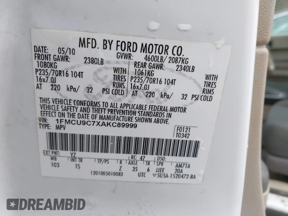 2010 Ford Escape XLS z VIN 1FMCU9C7XAKC89999, wystawiony jako IAAI lot #41506494 z przebiegiem 242 078 mil mil oraz . Historia ofert i sprzedaży dostępna na DreamBid. Obrazek 9.