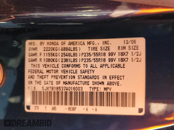 2007 Acura RDX Technology with VIN 5J8TB18537A016003, listed as a Copart auction lot 48381735 with 189,452 mi miles and Salvage Title. Bid and sale history available at carsss.com. Image 15.